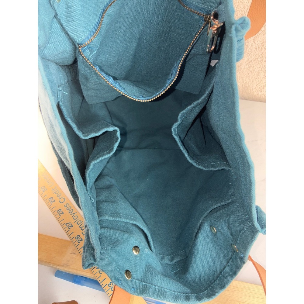 FEED Teal Canvas Tote Bag - Large - Faux Leather Straps Pockets Boho Eco Bag - Picture 10 of 10